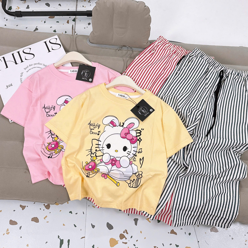Bộ thun dài bé gái sọc Kitty thỏ