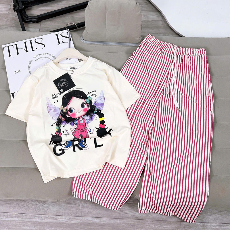 Bộ thun dài bé gái thiên thần quần kẻ