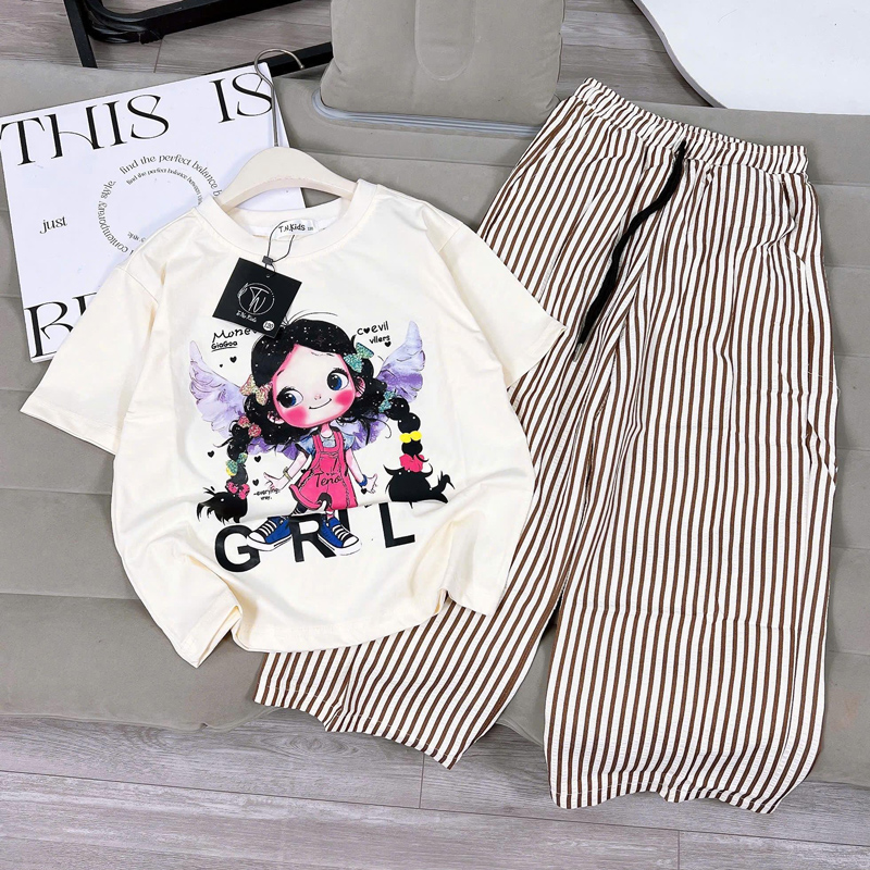 Bộ thun dài bé gái thiên thần quần kẻ