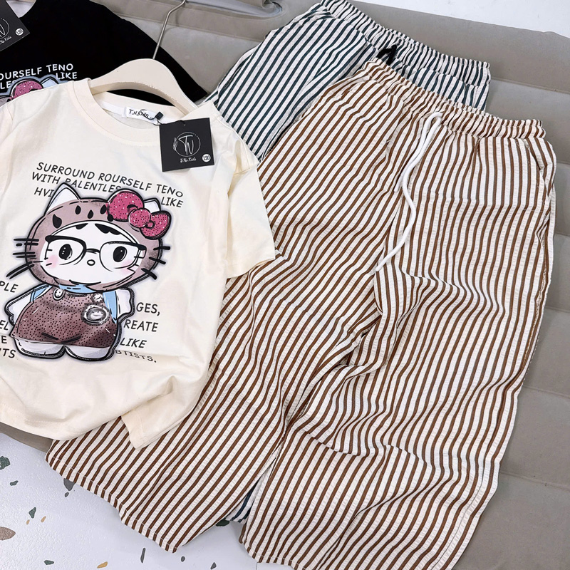 Bộ thun sọc dài bé gái Kitty mắt kiếng