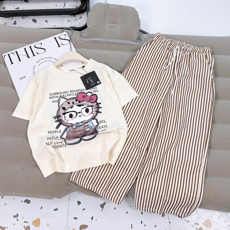 Bộ thun sọc dài bé gái Kitty mắt kiếng