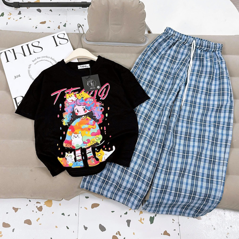 Bộ thun sọc dài bé gái mèo và cô gái