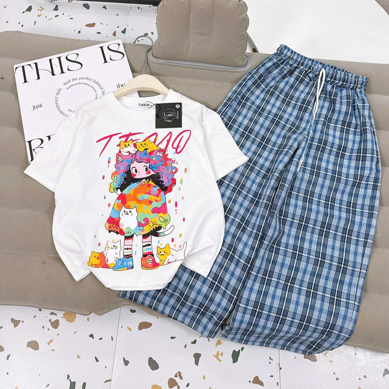 Bộ thun sọc dài bé gái mèo và cô gái