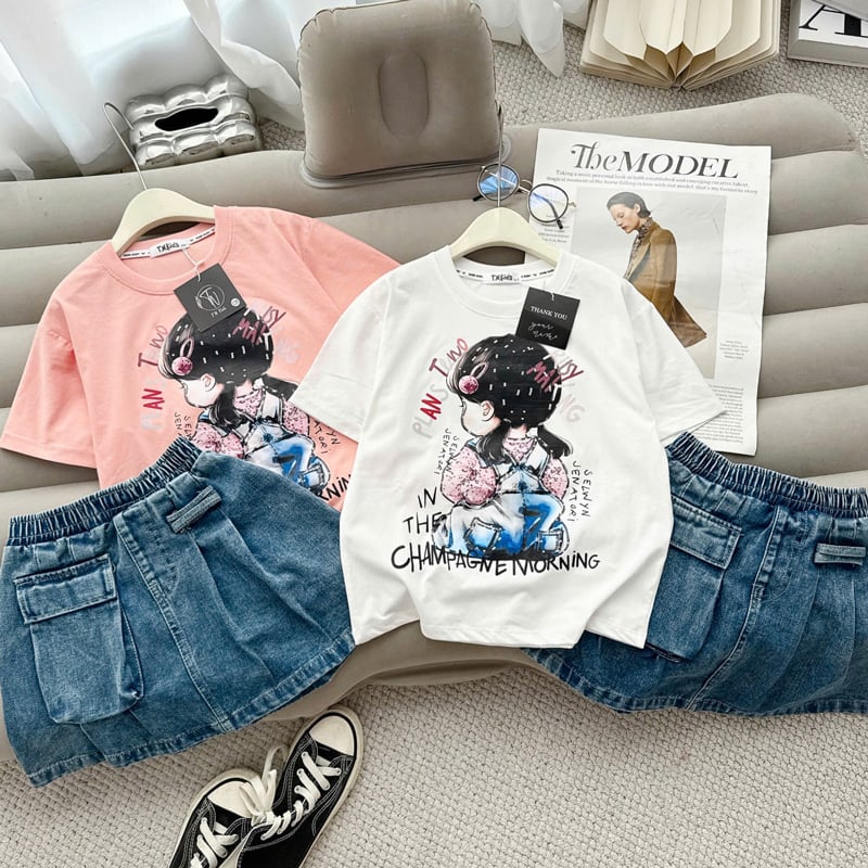 bộ váy jean bé gái cô gái Champagne