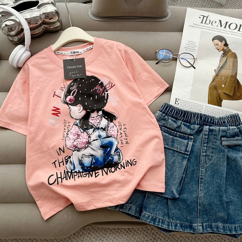 bộ váy jean bé gái cô gái Champagne