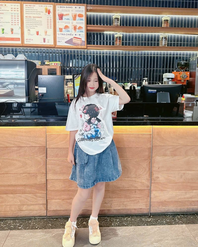 bộ váy jean bé gái cô gái Champagne