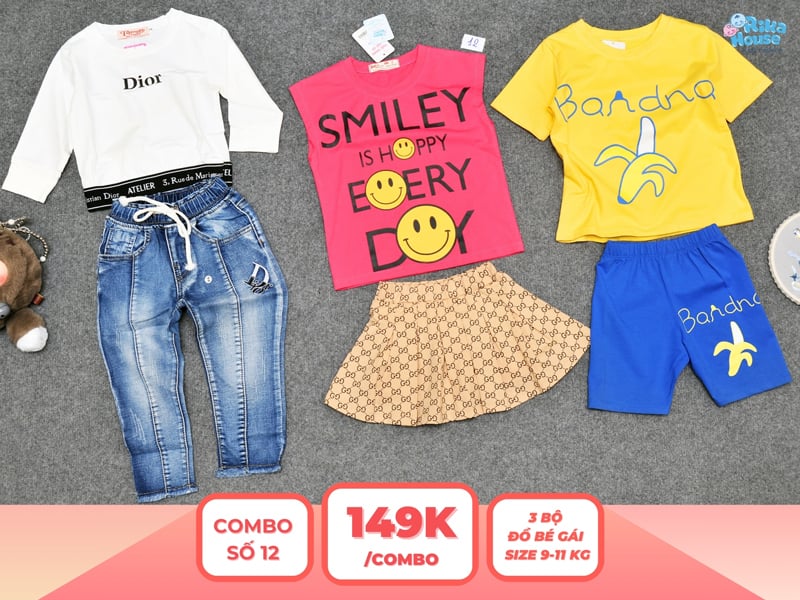 Combo 3 set đồ bé gái size 2 từ 9 đến 11kg