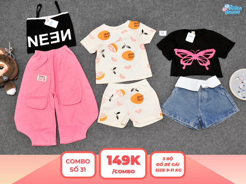 Combo 3 set đồ bé gái size 2 từ 9 đến 11kg