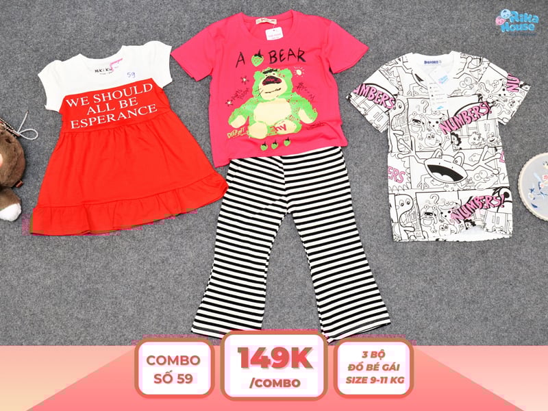 Combo 3 set đồ bé gái size 2 từ 9 đến 11kg