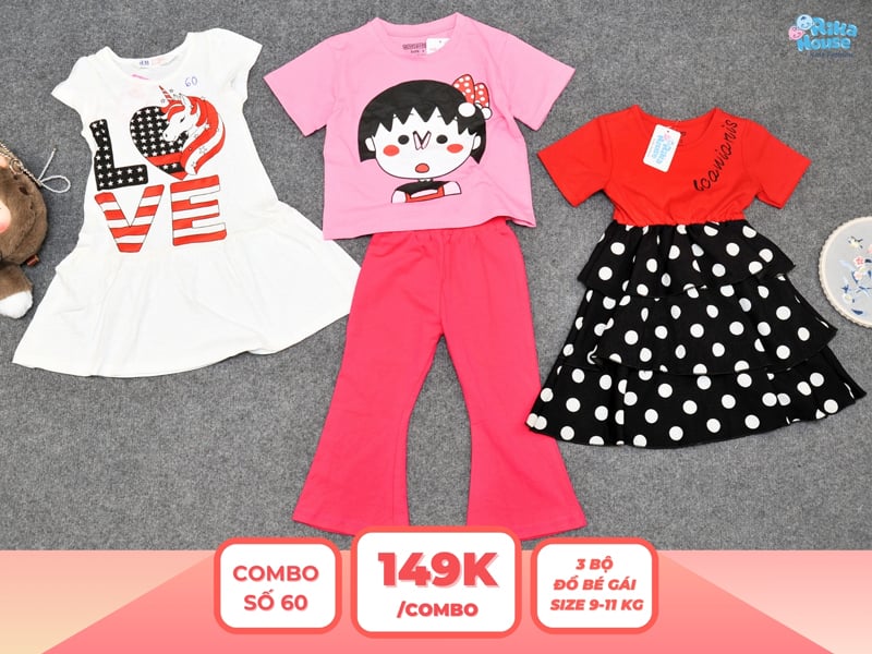 Combo 3 set đồ bé gái size 2 từ 9 đến 11kg