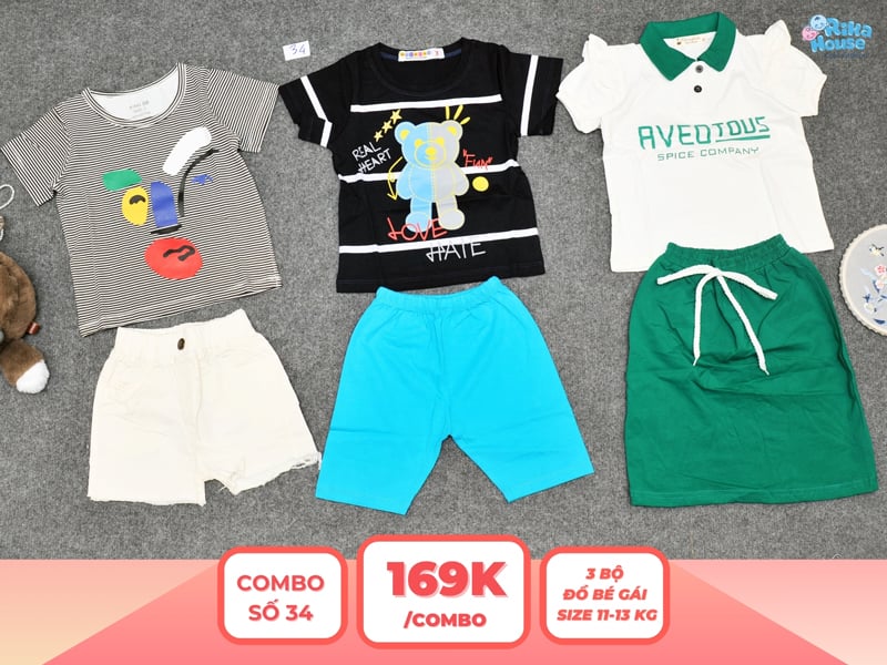 Combo 3 set đồ bé gái size 3 từ 11 đến 13kg
