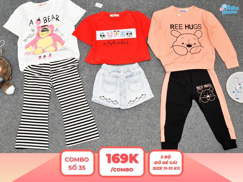 Combo 3 set đồ bé gái size 3 từ 11 đến 13kg