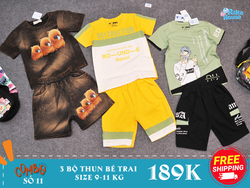 combo 3 bộ đồ bộ thun bé trai size 2 từ 9-11 kg