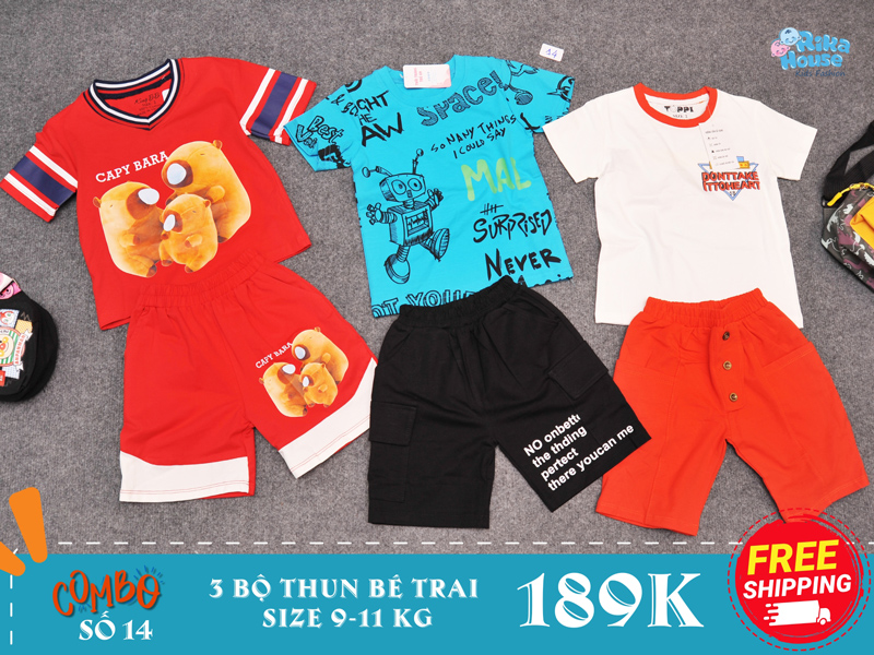 combo 3 bộ đồ bộ thun bé trai size 2 từ 9-11 kg