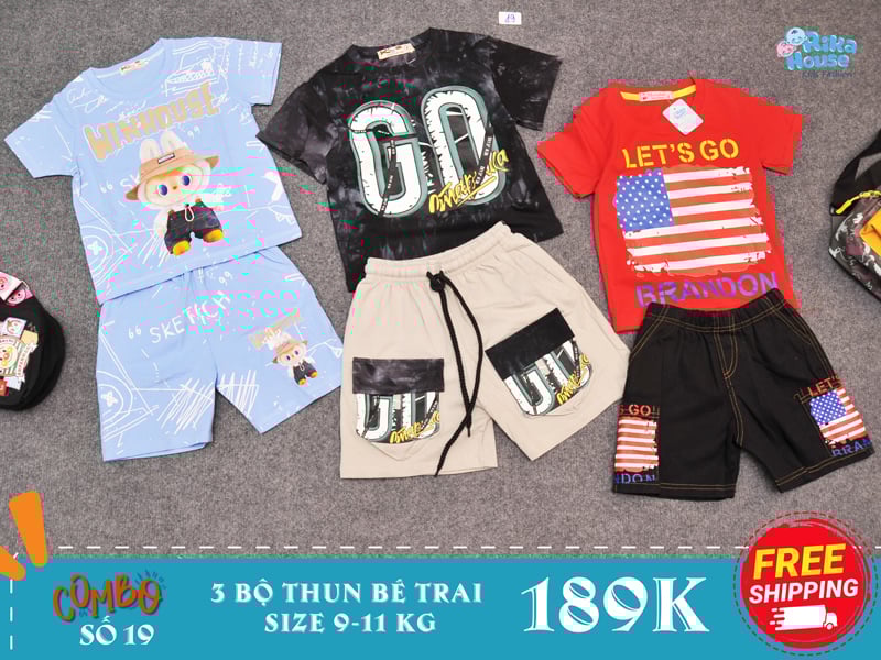 combo 3 bộ đồ bộ thun bé trai size 2 từ 9-11 kg