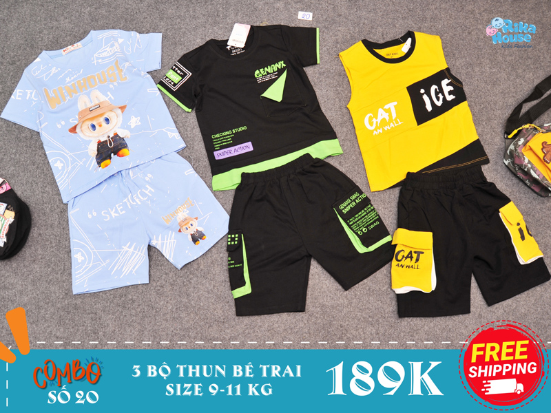 combo 3 bộ đồ bộ thun bé trai size 2 từ 9-11 kg