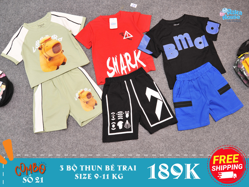 combo 3 bộ đồ bộ thun bé trai size 2 từ 9-11 kg