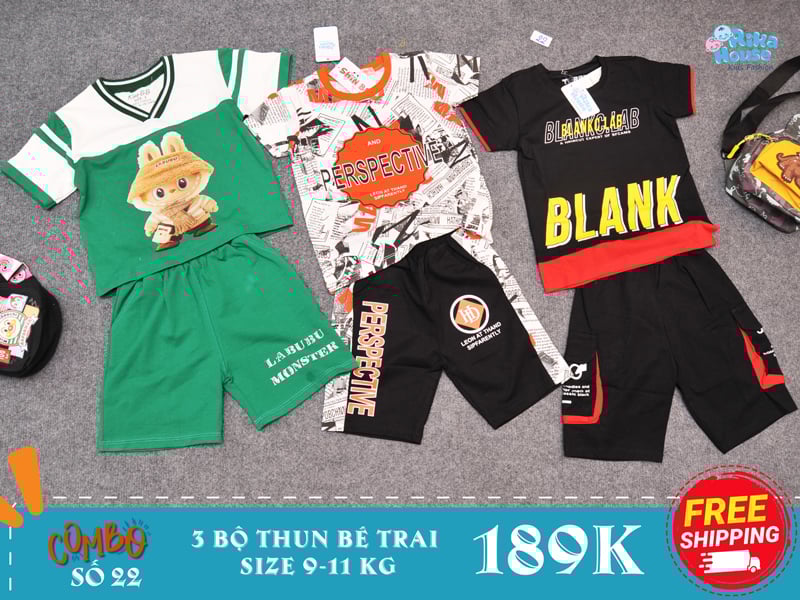 combo 3 bộ đồ bộ thun bé trai size 2 từ 9-11 kg