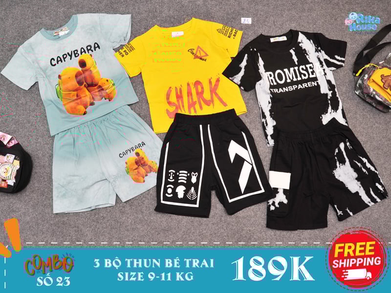 combo 3 bộ đồ bộ thun bé trai size 2 từ 9-11 kg
