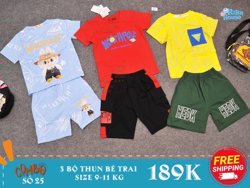 combo 3 bộ đồ bộ thun bé trai size 2 từ 9-11 kg