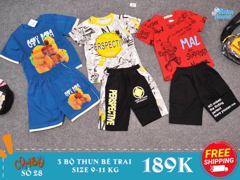 combo 3 bộ đồ bộ thun bé trai size 2 từ 9-11 kg