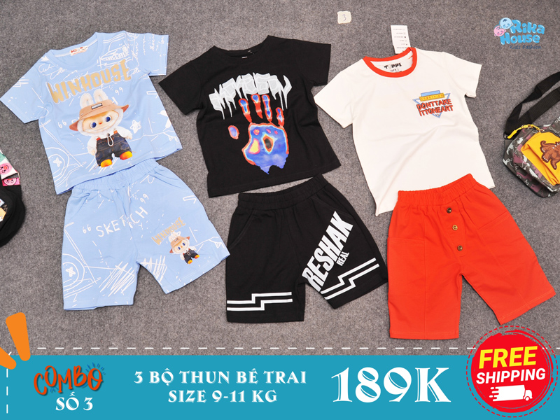 combo 3 bộ đồ bộ thun bé trai size 2 từ 9-11 kg