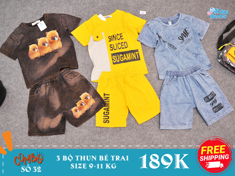 combo 3 bộ đồ bộ thun bé trai size 2 từ 9-11 kg