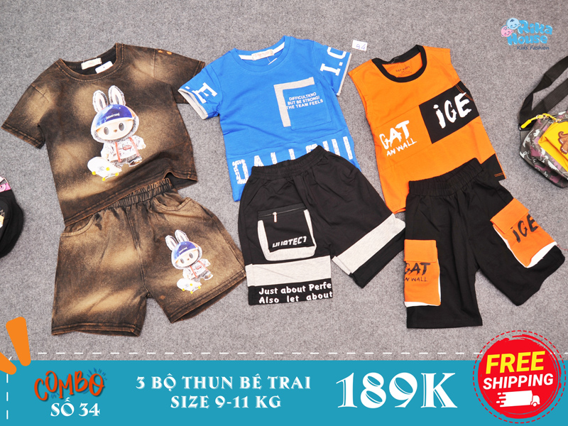 combo 3 bộ đồ bộ thun bé trai size 2 từ 9-11 kg