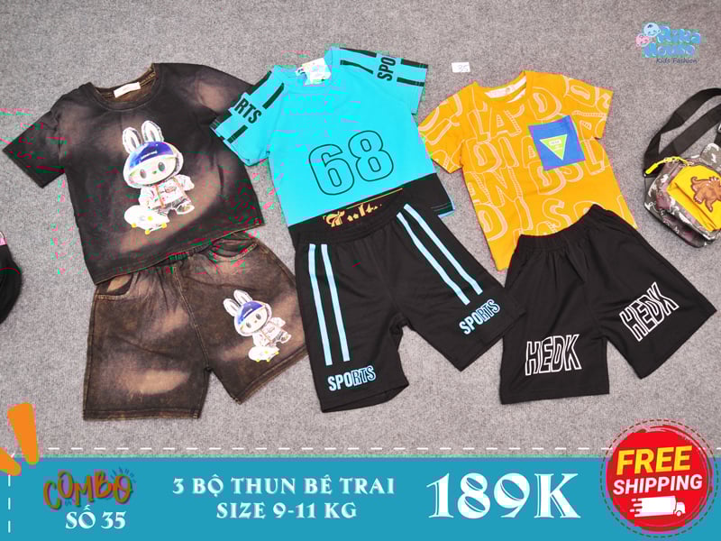 combo 3 bộ đồ bộ thun bé trai size 2 từ 9-11 kg