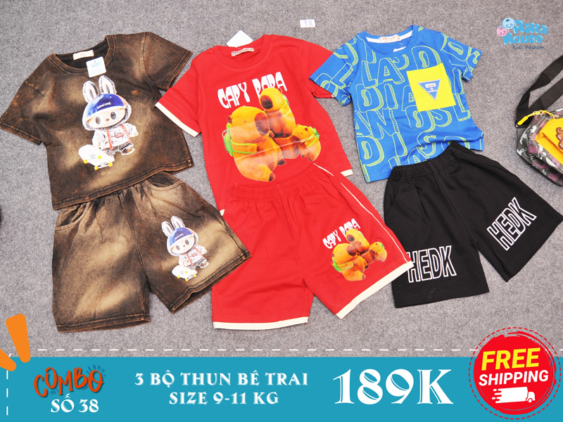 combo 3 bộ đồ bộ thun bé trai size 2 từ 9-11 kg