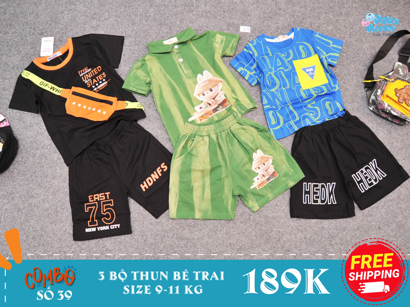 combo 3 bộ đồ bộ thun bé trai size 2 từ 9-11 kg