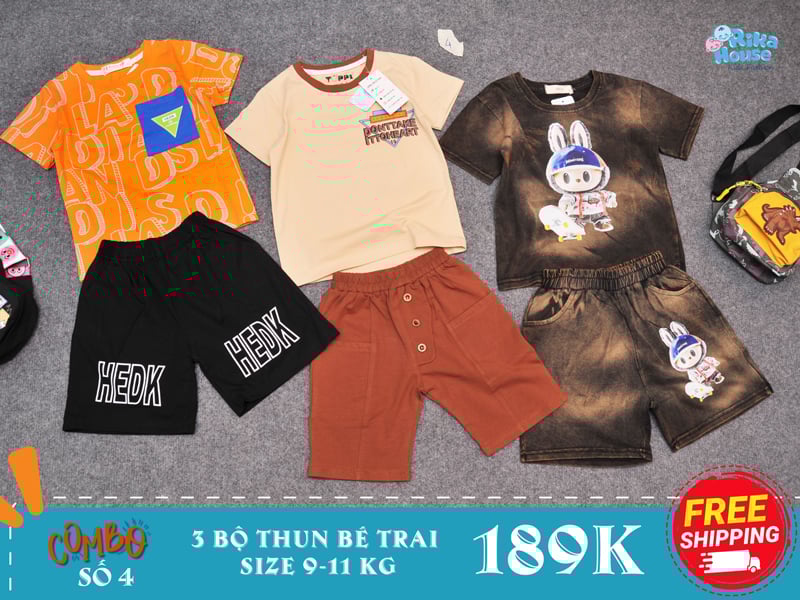 combo 3 bộ đồ bộ thun bé trai size 2 từ 9-11 kg