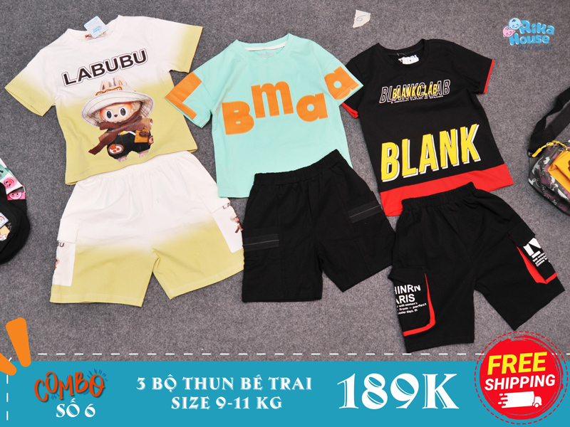 combo 3 bộ đồ bộ thun bé trai size 2 từ 9-11 kg