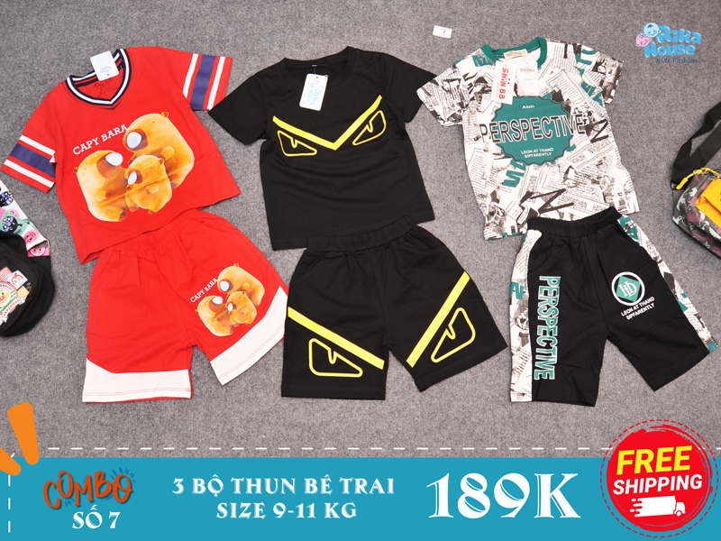 combo 3 bộ đồ bộ thun bé trai size 2 từ 9-11 kg