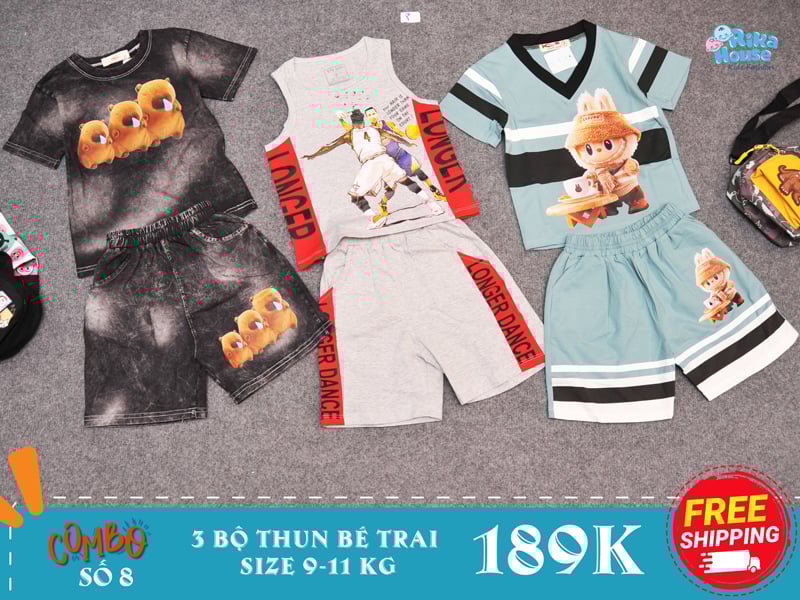 combo 3 bộ đồ bộ thun bé trai size 2 từ 9-11 kg