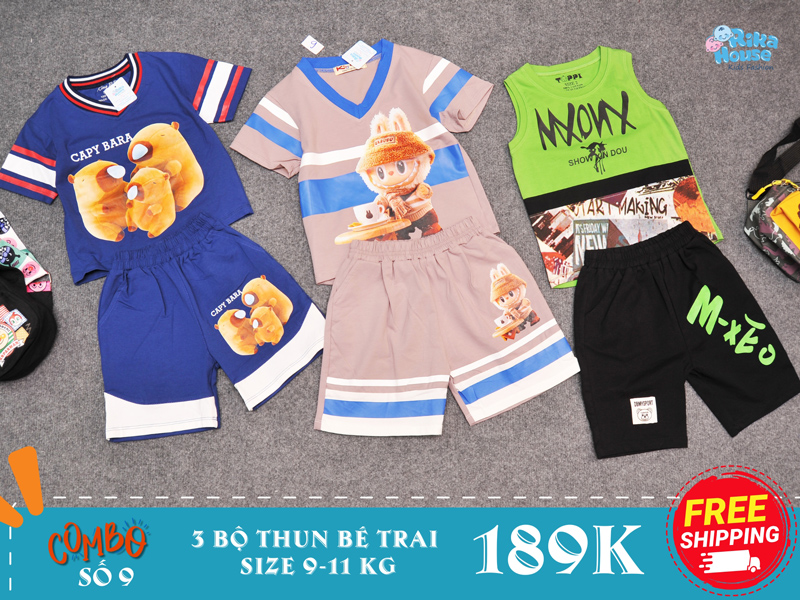 combo 3 bộ đồ bộ thun bé trai size 2 từ 9-11 kg