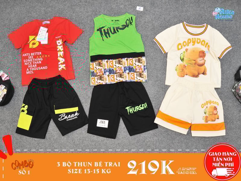 combo 3 bộ đồ thun bé trai size 4 cho bé từ 13-15kg