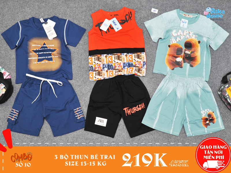combo 3 bộ đồ thun bé trai size 4 cho bé từ 13-15kg