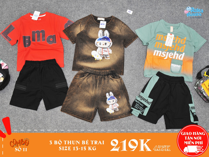 combo 3 bộ đồ thun bé trai size 4 cho bé từ 13-15kg