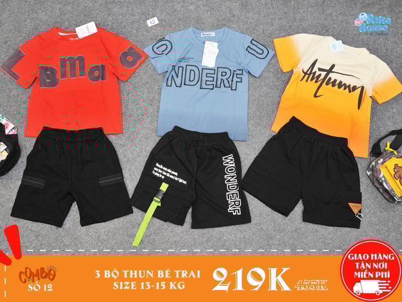 combo 3 bộ đồ thun bé trai size 4 cho bé từ 13-15kg