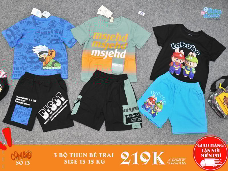 combo 3 bộ đồ thun bé trai size 4 cho bé từ 13-15kg