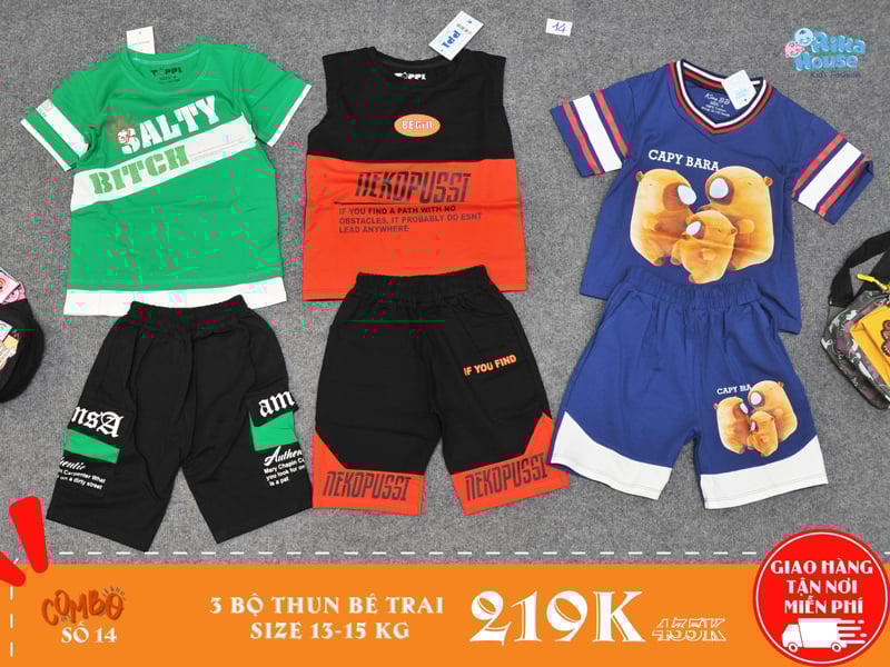 combo 3 bộ đồ thun bé trai size 4 cho bé từ 13-15kg