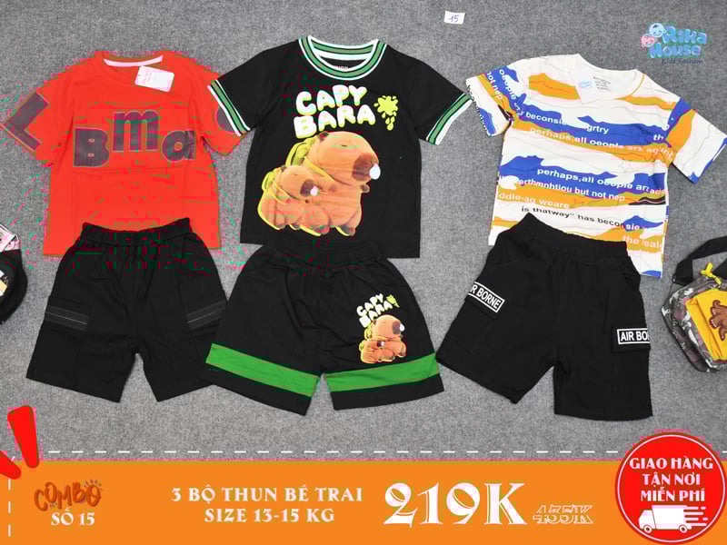 combo 3 bộ đồ thun bé trai size 4 cho bé từ 13-15kg