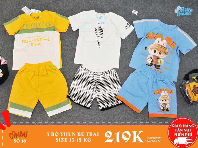 combo 3 bộ đồ thun bé trai size 4 cho bé từ 13-15kg