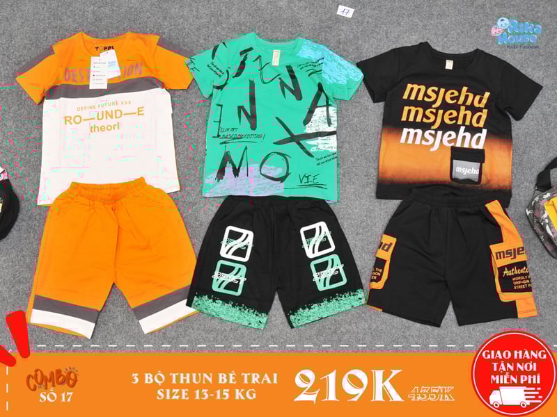 combo 3 bộ đồ thun bé trai size 4 cho bé từ 13-15kg