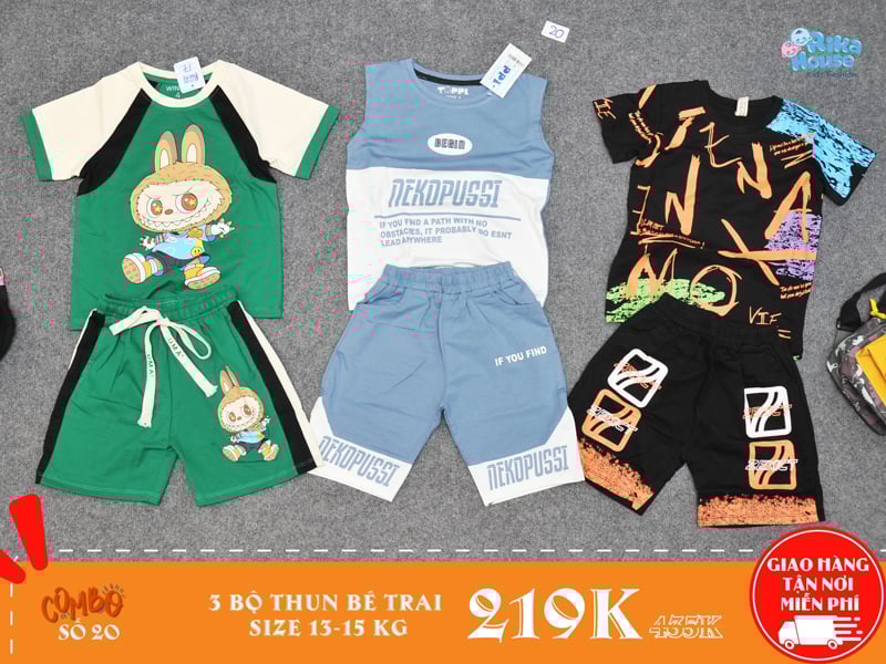 combo 3 bộ đồ thun bé trai size 4 cho bé từ 13-15kg