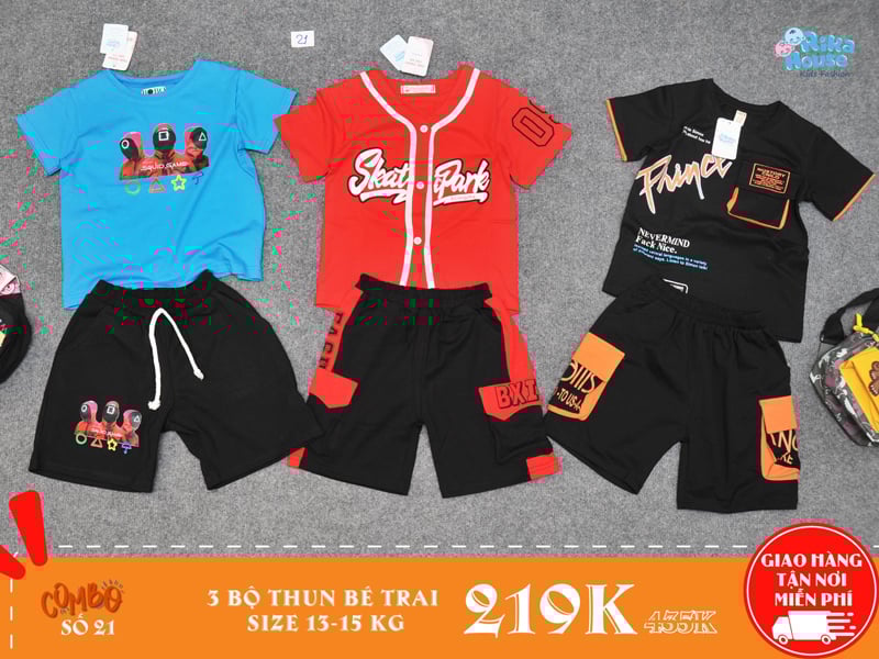 combo 3 bộ đồ thun bé trai size 4 cho bé từ 13-15kg