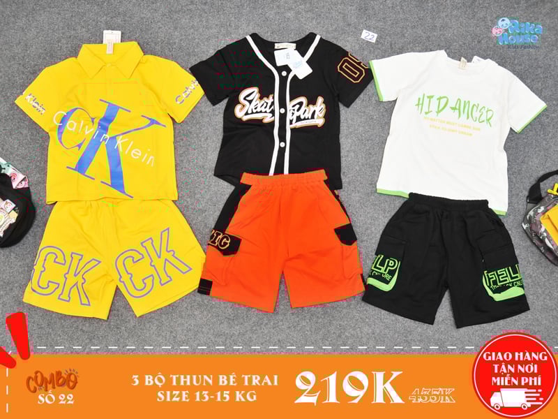 combo 3 bộ đồ thun bé trai size 4 cho bé từ 13-15kg