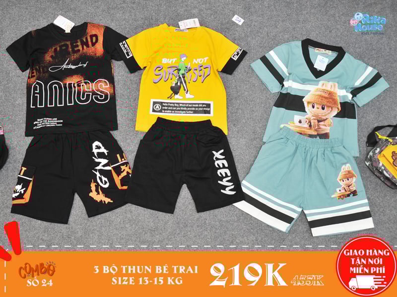 combo 3 bộ đồ thun bé trai size 4 cho bé từ 13-15kg
