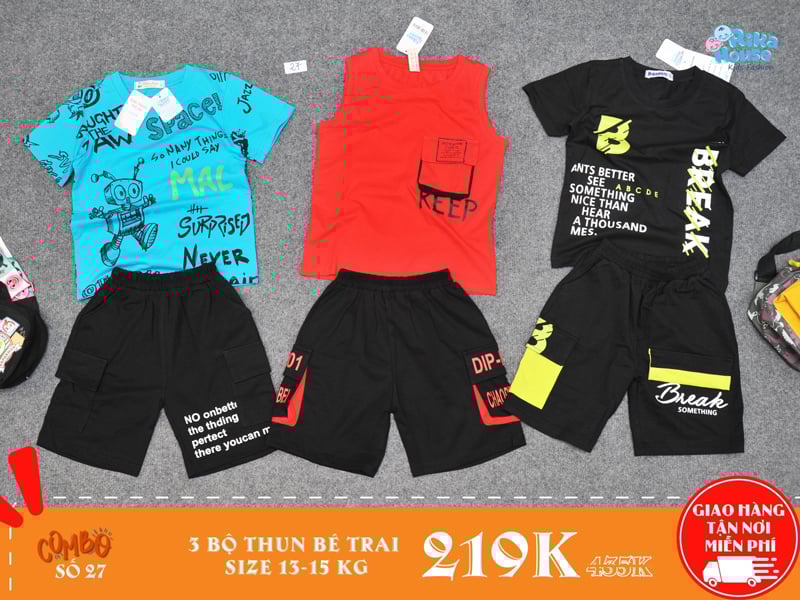 combo 3 bộ đồ thun bé trai size 4 cho bé từ 13-15kg